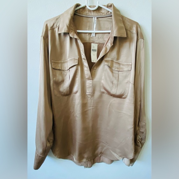 Antropologie Sleek V-Neck Blouse Neutral M - Picture 2 of 4